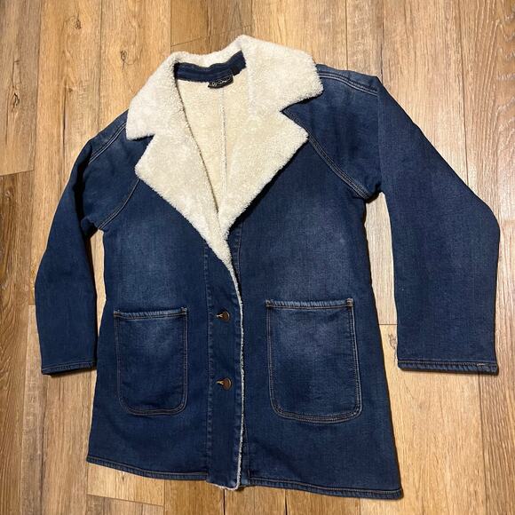 DG2 Diane Gilman Vtg Style Denim Sherpa Coat Size L P Indigo Blue 70s Trucker - Picture 2 of 8